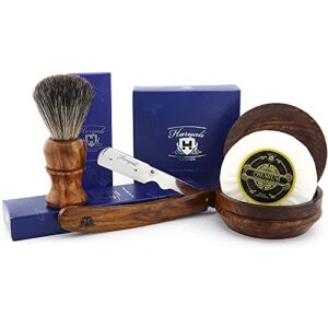 Haryali London Shaving Kit – 4 Pc Cut Throat Razor – Wooden Shaving Kit – Synthetic Hair Shaving Brush – Shaving Soap – Shaving Bowl – Sustainable Shaving Kit as Gift Se
