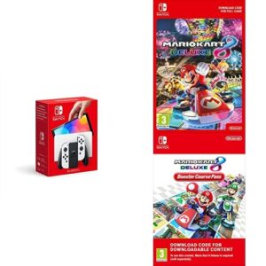 Nintendo Switch (OLED Model) - White + Mario Kart 8 Deluxe (Download Code) + Deluxe Booster Course Pass (Download Code)