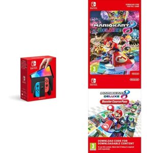 Nintendo Switch (OLED Model) - Neon Blue/Neon Red + Mario Kart 8 Deluxe (Download Code) + Deluxe Booster Course Pass (Download Code)
