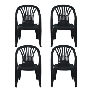 simpahome Stackable Clam Style Back Plastic Garden Chairs - DARK GREY - Set of 4 Chairs for Indoor or Outdoor Use.