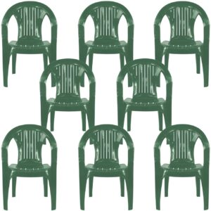 Stackable Low Back Plastic Garden Chairs - GREEN - Set of 8 Chairs for Indoor or Outdoor Use.