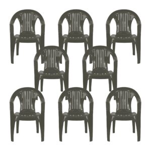 Stackable Low Back Plastic Garden Chairs - DARK GREY - Set of 8 Chairs for Indoor or Outdoor Use.