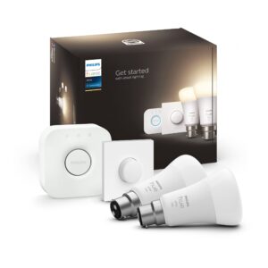Philips Hue White Starter Kit: Smart Bulb Twin Pack LED [B22 Bayonet Cap] incl. Bridge and Dimmer Switch - 1100 Lumens (75W equivalent). Works with Alexa