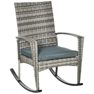 Outsunny Rattan Rocking Chair Rocker Garden Furniture Seater Patio Bistro Relaxer Outdoor Wicker Weave with Cushion - Light Grey
