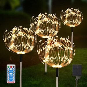 Solar Garden Lights Outdoor 4 Pack 480 LED Firework Landscape Path Lights Solar Powered Starburst Fairy Lights Waterproof 8 Lighting Modes with Remote Control for Patio Christmas Party Yard Decorative