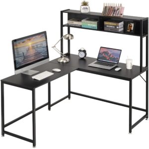 Becko L Shaped Desk Computer Desk Corner Desk With Hutch Storage Shelves Modern Home Office Desk Writing Workstation for Home Office (Black)