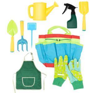 Pelle & Sol 9PC Kids Gardening Tool Set - Children's Garden Tool Kit Shovel Rake Trowel Sprayer Gloves Apron Watering Can with Canvas Tote Bag