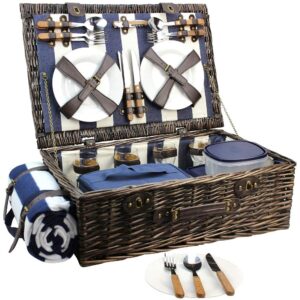 HappyPicnic Fitted Willow Picnic Basket with Deluxe Service for 4 Persons