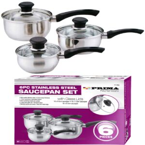 6 Pcs Stainless Steel Saucepan Essential Cookware Set with Glass Lids & Sturdy Handles Pot Prima Kitchen Cook Home Chef Cooking Sauce Pan Housewarming Gifts UK Free P&P