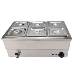 TAIMIKO Commercial Electric Food Warmer Stainless Steel Bain Marie Buffet Food Warmer Steam Table for Catering and Restaurants Wet Well Wet Heat 1500W (TC-3B-6)