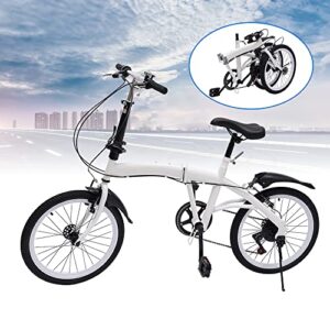 20 Inch Adult Folding Bike Foldable Bike 7 Speed Bike Compact City Bike Double V Brake Carbon Steel Folding Bike Adult Height Adjustable White Bike Front and Rear with Fenders