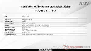 A leaked spec sheet for the MSI GT77 gaming laptop with a 4K 144Hz mini-LED dislpay.
