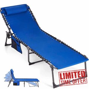 ALPHA CAMP Camping Beds for Adults Folding Camping Cot Reclining Sun Lounger Patio Chaise Lounge Chair 4 Position Adjustable Support 300 lbs Portable Camping Bed with Pillow & Side Pocke