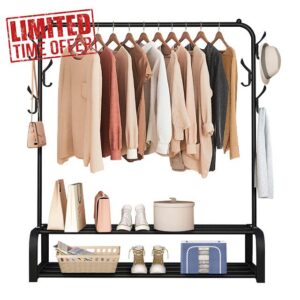 ZHZIRO Metal Clothes Rail Heavy Duty Coat Rack Freestanding Garment Rack Hanger Bedroom Drying Rack With 6 Side Hooks and 2-Tier Lower Storage Shelf for Indoor Home (BLACK)