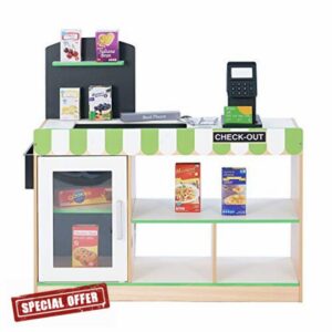 Teamson Kids Wooden Supermarket Grocery Play Set Shopping Till Check Out Stand with Interactive Features and Conveyor Belt with Accessories