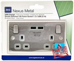 5 x BG NBS22U3G Twin 13A Switch Socket with USB Outlets (Brushed Steel/Satin Chrome