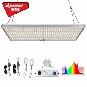 Voost VST240 LED Grow Light with LM301H Chips for Indoor Plants Veg to Flower. Fanless deep finned. Full Spectrum Greenhouse Growing Lamps 350nm to 780nm + UV + IR. Dim to Off MeanWell Driver.