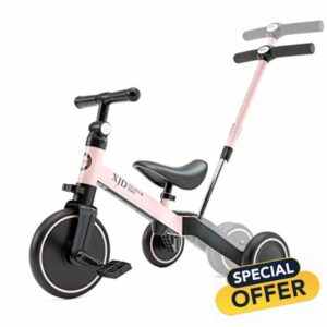 XJD 4 in 1 Kids Tricycles for 1-3 Years Old Kids Balance Bike with Parent Handle Putter Toddler Trike for Baby with Adjustable Seat and Detachable Pedals Baby Walker(Pink)
