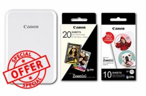 Canon Zoemini Instant Mini Photo Printer (White) + pack of 20 sheets + pack of 10 circle stickers