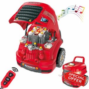 deAO Pretend Play Realistic Mechanic Take Apart Building Toy Truck with Remote Control Key with Sound and Light Functions-Red