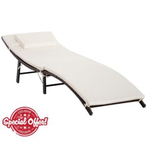Outsunny Rattan Sun Lounger Garden Furniture Folding Outdoor Chair Wicker Weave Bed with Cushion and Pillow Brow