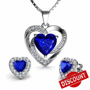 DEPHINI - Blue Heart Necklace & Heart Earrings SET - 925 Sterling Silver - Crystal Studs & Pendant Birthstone - Fine Jewellery set for women - 18" Rhodium Plated Silver Chain - Cubic Zirconia