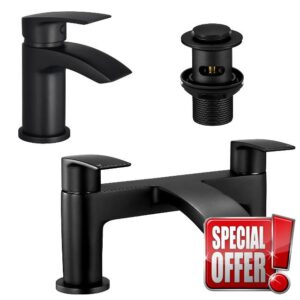 Mighbow Bath and Basin Mixer Taps Set with Pop up Waste Matte Black Waterfall Bathroom Sink Tap & Bathtub Filler Tap Cloakroom Mono Brass