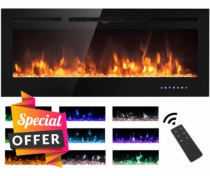 M.C.Haus Electric Fireplace Touch Screen Glass Panel Colorful Flame Insert Wall Mounted Heater Remote Control with Crystal&Log Set