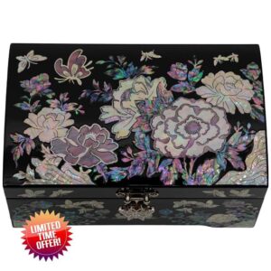 February Mountain Mother of Pearl Jewelry Organizer Box Gift for her Jewelry Boxes for Women 2 Layers Jewelry Storage Case with Large Mirror Antique Vintage Room décor Trinket Keepsake Box