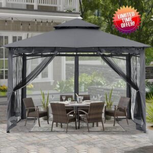 ABCCANOPY 3x3M Gazebos With Netting for Patios Double Roof Soft Canopy Garden Backyard Gazebo for Shade and Rain (Gray)