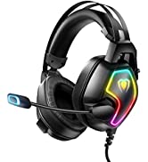 Gaming Headset for PS5 PS4 PC, Over-Ear Headphones with Surround Sound & RGB Light for Xbox Switc...
