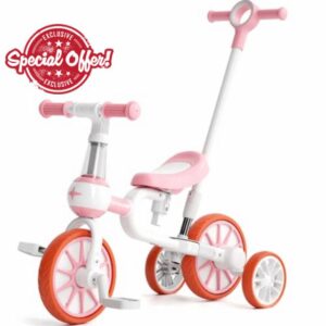 FAYDUDU 5 in 1 Baby Trike with Parent Handle Toddler Tricycle for 2-4 Years Old Kids Balance Bike Birthday Toys for Boys Girls (Pink 2)