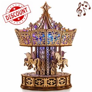 Wood Trick Parisian Carousel Music Box Rotating with Backlit - 3D Wooden Puzzle for Adults and Kids to Build DIY - Wooden Music Box Kit - La Vie en Rose Tune