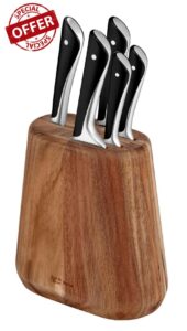 Tefal JO The Knife Series 5-Piece + Knife Block Set (9 cm Paring + 12 cm Utility + 16.5 cm Santoku + 20 cm Chef + 20 cm Bread Knives)