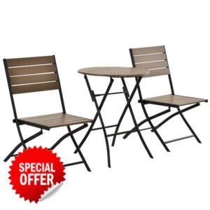 Outsunny 3 Pcs Folding Bistro Dining Set 2 Single Chair 1 Dining Table Metal Frame Plastic Panels Slatted Compact Garden Outdoor Apartment Furniture - Black&Brow