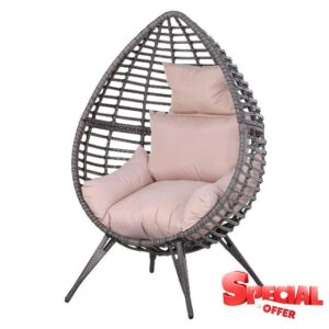 Outsunny Outdoor Indoor Rattan Egg Chair Wicker Weave Teardrop Chair with Cushion Beige