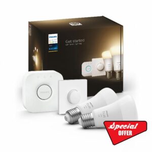 Philips Hue White Smart Light Bulb Starter Kit [E27 Edison Screw] 2 Pack + Smart Button. With Bluetooth. Works with Alexa