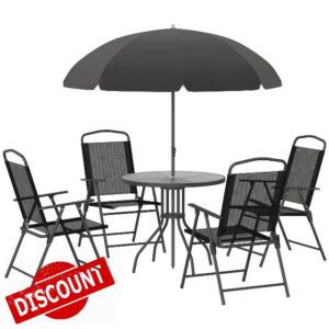 Outsunny 6 PCs Garden Patio Furniture Set Bistro Set Texteline Folding Chairs +Table +Parasol (Black)