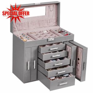 ANWBROAD Huge Jewellery Organiser Box 6 Tier 40 Necklace Hooks Display Storage Case with Lock Mirror Jewellery Box Earrings Rings Necklaces Bracelets Gift Jewellery Box Faux Leather JJB018H