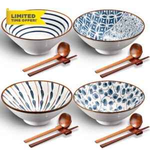 Ceramic Ramen Bowl Set of 4 40 Ounce Japanese Large Ramen Bowls with Chopsticks and Spoons and Racks Ceramic Ramen Asian Soup Bowl Stand for Udon Soba Pho Asian Noodles Soup Ramen Salad Pasta