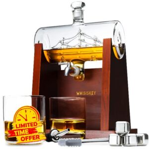 Whisiskey – Whiskey Decanter – Sailing Ship - 1000 ml – Whiskey Carafe Set - Gifts for Men – Inc. 2 Whiskey Glasses – 4 Whiskey Stones – Draught - Spout – Glass Stopper – Pliers