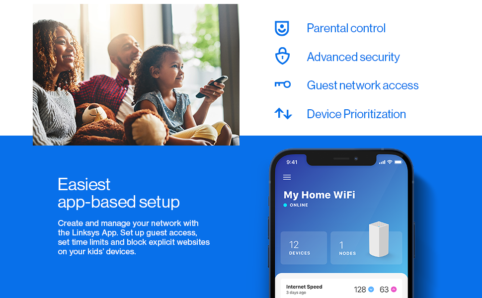 Linksys app features: parental control, guest network access, advanced security.