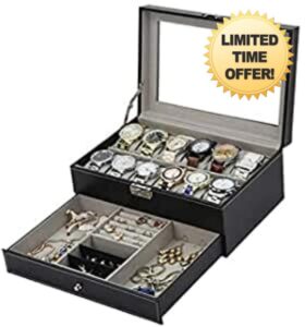 Tebery 12 Slots Black Watch Box PU Leather Case Organizer with Jewelry Drawer for Storage and Display