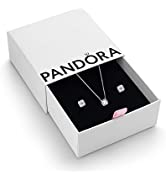 Pandora Round Sparkle Halo Necklace and Earrings Gift Set - Women's Sterling Silver Pendant Neckl...