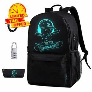 BSTcentelha Luminous School Bag Anime Boys Backpack Cool Bookbag with Pen Case USB Chargeing Port Students Teens Boy Girl Laptop Backpacks (Black)