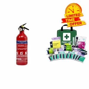 Firechief FAP1 1kg Powder Fire Extinguisher | ABC Powder Extinguisher With Kitemark Approval | Multi-Purpose Fire Extinguisher Fo & LEWIS-PLAST 90 Piece Premium First Aid Ki