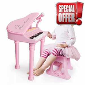 Piano Toys Keyboard for 1+Year Old Girls Birthday Gift Toddler Music Toy Instrument with Microphone Stool Pink 31 Keys