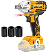 INGCO 20V Brushless Lithium-Ion Impact Wrench with 2Pcs 2.0Ah Batteries, Charger, 3Pcs Sockets, 1...