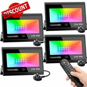 NOVOSTELLA 4 Pack 25W LED RGB Flood Lights with IR Remote IP66 Waterproof Outdoor Stage Lights Colour Spotlights Uplights Dimmable Color Changing Floodlight Uplighting for Events Halloween Landscape