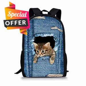 Showudesigns Kids Rucksack Boys Cute Printing Denim Cat Children Girls Backpack Polyester School Bag